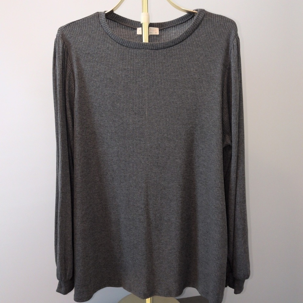 Plus SIze Ribbed Knit Top Women 3X Charcoal Long Sleeve Crew Neck Cuffed Sleeve